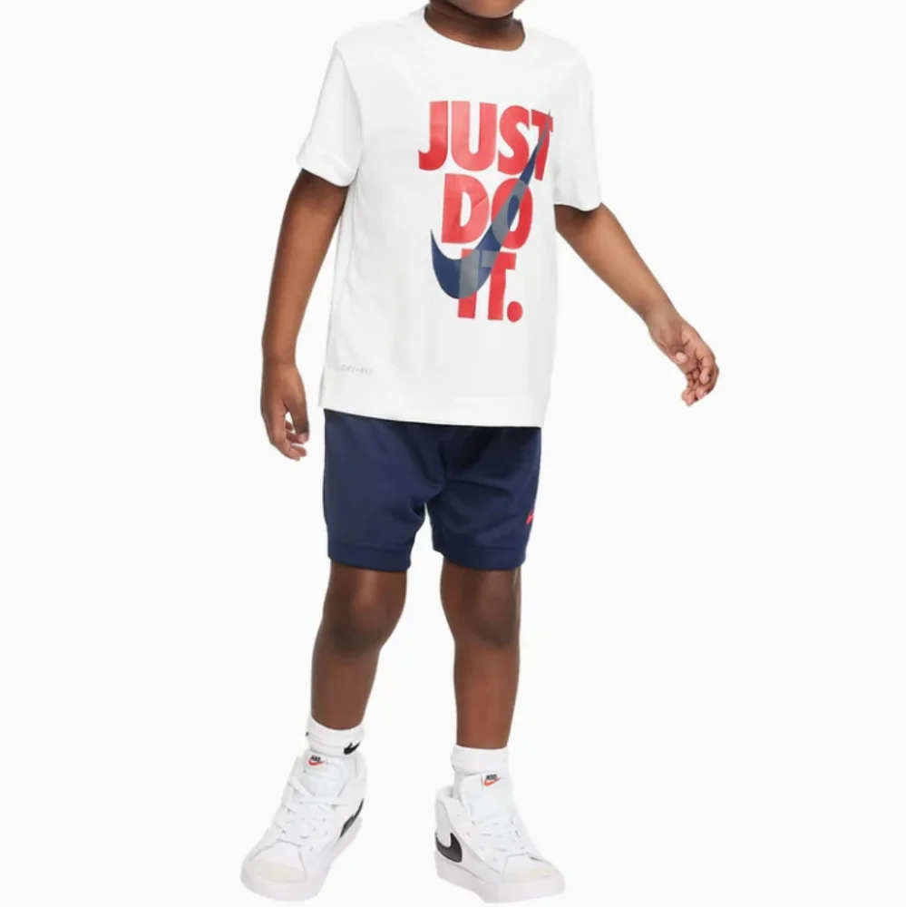 NWT NIKE DRI-FIT Boy's Just Do It T-Shirt & Shorts 2 Pc Set Wht Blue 6 (5-6 yrs